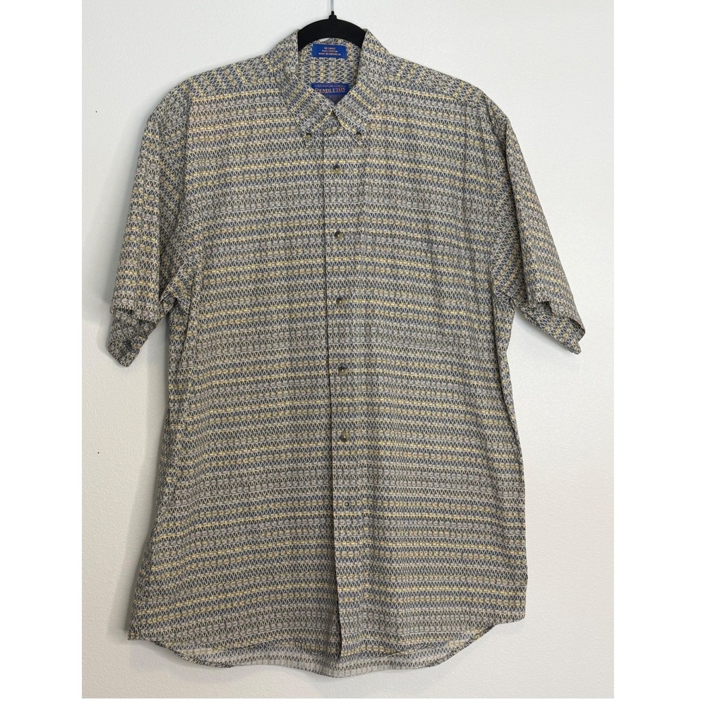 Pendleton Mens Large Geometric Print Short Sleeve Button Down Cotton Shirt Grey